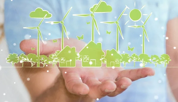 Affärsman anläggningen förnybar energi skiss — Stockfoto