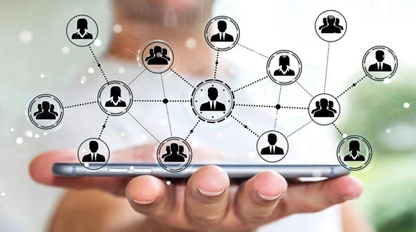 Szociális hálózati kapcsolat segítségével a telefon 3d renderin üzletember — Stock Fotó