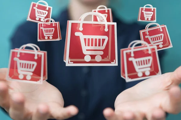 Businesswoman usando iconos de compras digitales renderizado 3D —  Fotos de Stock