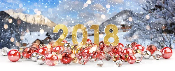 Παραμονή του νέου έτους 2018 με χριστουγεννιάτικα στολίδια 3d rendering — Φωτογραφία Αρχείου