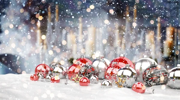 3D render kadar dizilmiş kırmızı ve beyaz Noel baubles — Stok fotoğraf