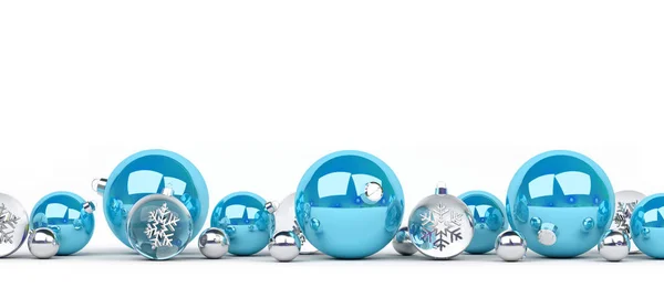 Blue and white christmas baubles lined up 3D rendering — Stock Photo, Image