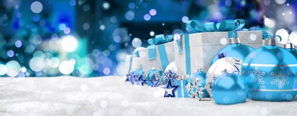 Regalos de Navidad azul y blanco y adornos 3D renderizado —  Fotos de Stock