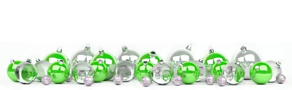 Up 3D render kaplı yeşil ve beyaz Noel baubles — Stok fotoğraf