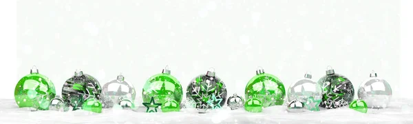 Bolhas de Natal verdes e brancas alinhadas renderização 3D — Fotografia de Stock