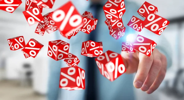 Affärsman med vita och röda sales flygande ikoner 3d-rendering — Stockfoto