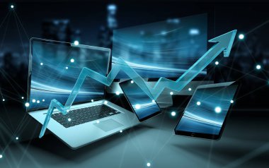 Modern teknoloji cihazlar 3d render önünde mavi ok