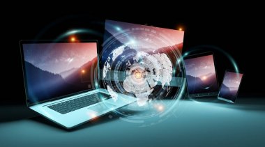 Dünya çapında server arabirimi üzerinden modern teknoloji cihazlar 3d render