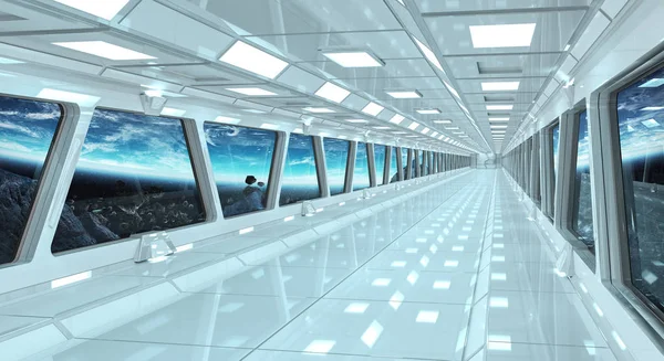 Űrhajó folyosó, kilátással a bolygó Föld 3d rendering el — Stock Fotó