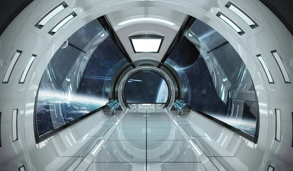 Spaceship interior with view on planets 3D rendering elements of