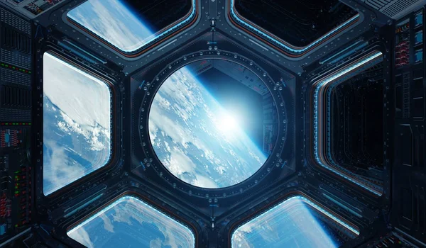 View of planet Earth from a space station window 3D rendering el — Stock Photo, Image