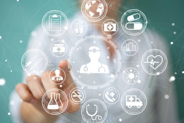 Modern tıbbi arabirimi 3d işlemesini kullanan iş kadını