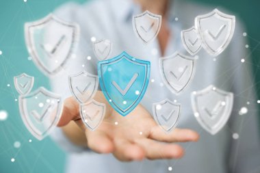Modern veri kalkan virüsten koruma 3d işlemesini kullanan iş kadını