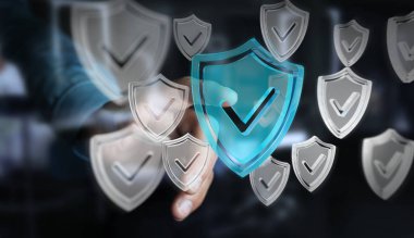 Modern veri kalkan virüsten koruma 3d işlemesini kullanan iş adamı