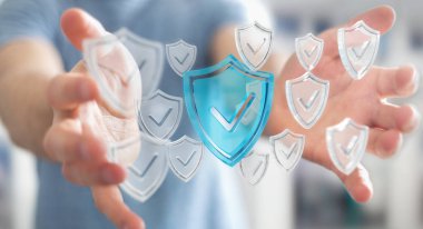 Modern veri kalkan virüsten koruma 3d işlemesini kullanan iş adamı