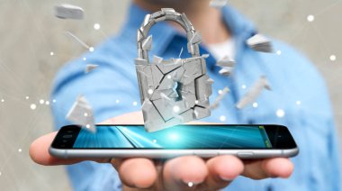 İşadamı kırık asma kilit güvenlik 3d render kesmek