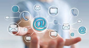 Çizilmiş grafik iletişim ve bağlantı ile tutan işadamı