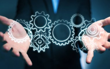 Simgeleri çizilmiş tutan işadamı vites