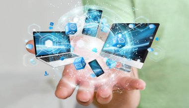 Teknik cihazlar birbirine işadamı 3d render tarafından bağlı