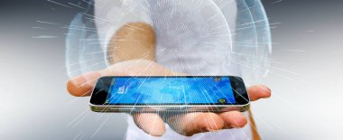 İşadamı 3d rende tarafından aktive uçan Dünya ağ arabirimi