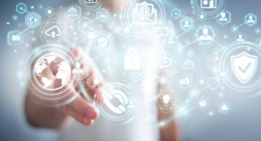 Onun veri kişisel bilgileri 3d renderin koruma işadamı