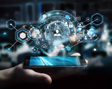 Sosyal ağ arabirimi 3d işlemesini kullanan iş adamı