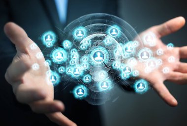 Sosyal ağ arabirimi 3d işlemesini kullanan iş adamı