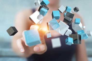 Mavi parlak küp ağ 3d renderin yüzen kullanarak iş kadını