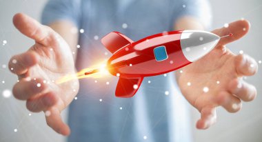 Holding ve bir roket 3d render dokunmadan işadamı