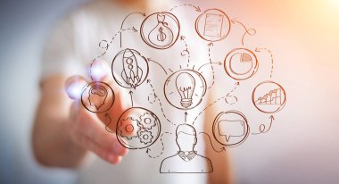 Eliyle el yazması proje sunum kullanarak iş adamı