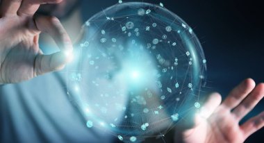 Hologram veriler dijital küre 3B oluşturmayı kullanarak iş adamı