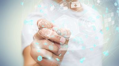 İşadamı kalem 3d rendering ile dijital Sağlık Küre kullanarak