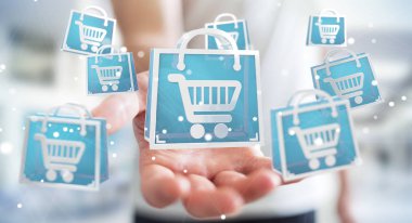 Dijital alışveriş simgeleri 3B oluşturmayı kullanarak iş adamı