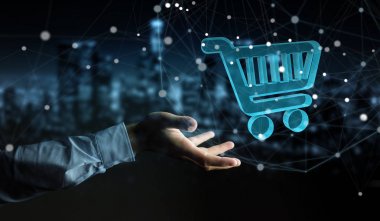 Dijital alışveriş simgeleri 3B oluşturmayı kullanarak iş adamı
