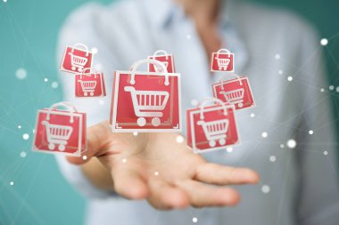 Dijital alışveriş simgeleri 3B oluşturmayı kullanarak iş kadını