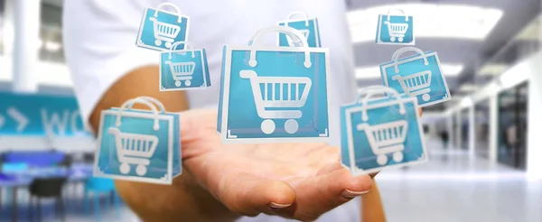 Empresario usando iconos de compras digitales renderizado 3D —  Fotos de Stock