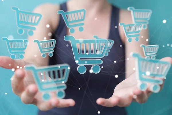 Businesswoman usando iconos de compras digitales renderizado 3D —  Fotos de Stock