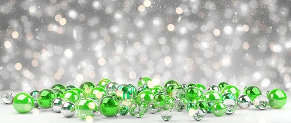 Green and white christmas baubles 3D rendering