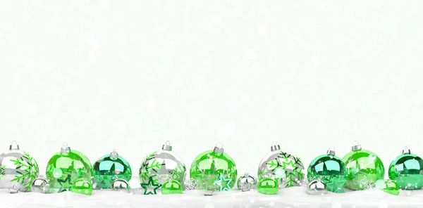 Green and white christmas baubles lined up 3D rendering