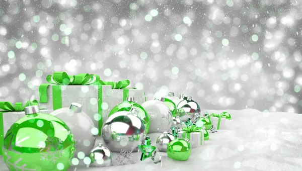 Regalos de Navidad verdes y blancos y adornos alineados 3D renderin —  Fotos de Stock