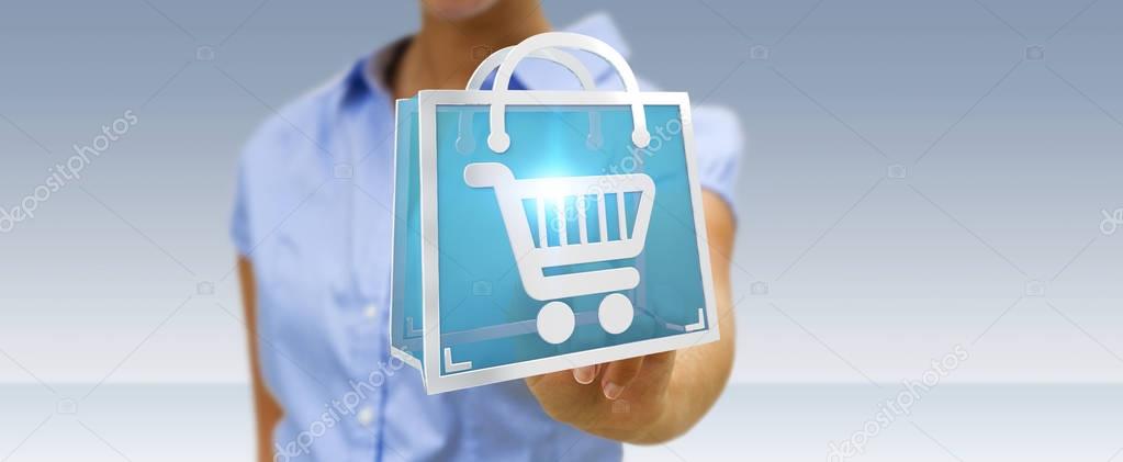 Businesswoman using digital shopping icons 3D rendering