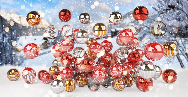 Kırmızı ve beyaz Noel baubles 3d render — Stok fotoğraf