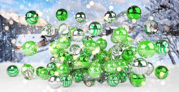 Groene en witte kerst kerstballen 3D-rendering — Stockfoto