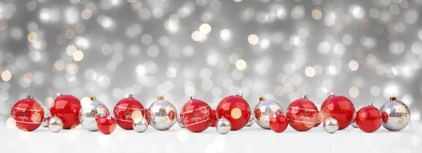 3D render kadar dizilmiş kırmızı ve beyaz Noel baubles — Stok fotoğraf