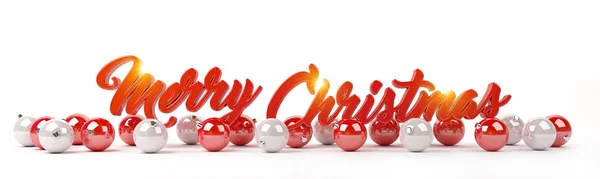 Merry christmas greetings and baubles lined up 3D rendering — Stock Photo, Image