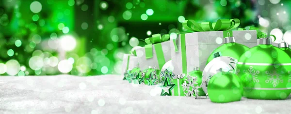Groene en witte Kerstcadeaus en kerstballen rijtje 3D-renderin — Stockfoto