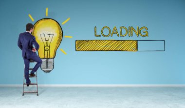 İş adamı izlerken yükleme kroki üzerinde bir duvar 3d render