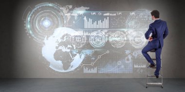 Bir duvara 3d render grafik ekranlar arabirimini kullanarak iş adamı