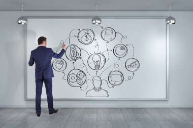 Bir proje çizim işadamı bir yönetim kurulu 3d render kroki