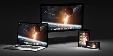 Karanlık modern bilgisayar dizüstü cep telefonu ve tablet 3d render